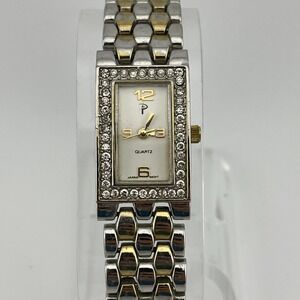 P Watch Women 18mm Case Rhinestone Bezel 6.75" Two Tone Band- New Battery